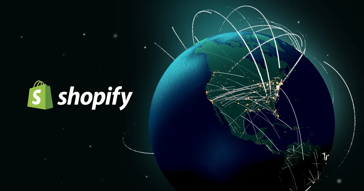Shopify branding over a globe showing shipping routes between continents