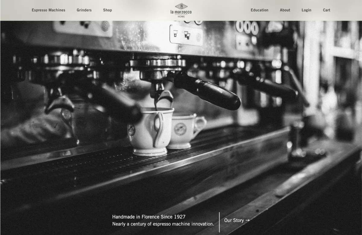 A WooCommerce coffee equipment store, with large product photography and a custom navigation